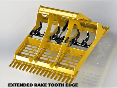 Close-up of the curved teeth of a land leveler attachment.
